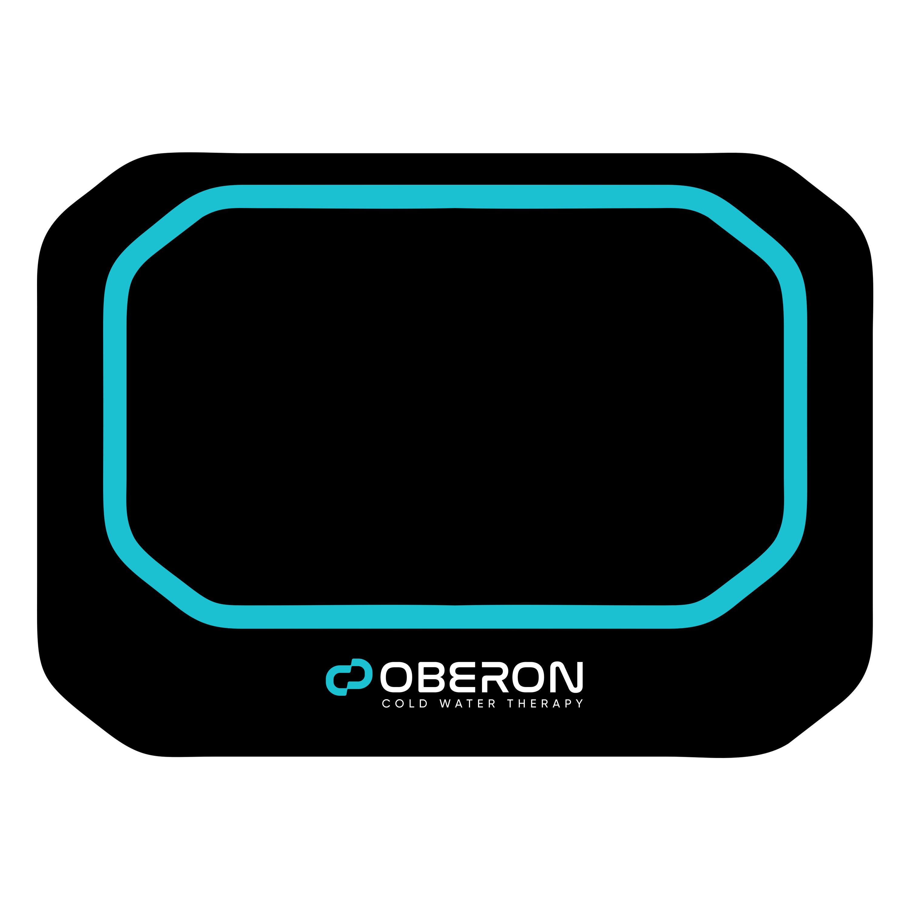 A black rectangular cold plunge tank with rounded corners, featuring a bright cyan outline around the inner chamber and the white 'OBERON' brand logo with 'COLD WATER THERAPY' underneath, shown on a plain white background.