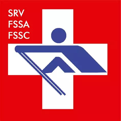 Logo with a blue and white figure on a red background, featuring 'SRV FSSA FSSC' text, Swiss Rowing Federation.