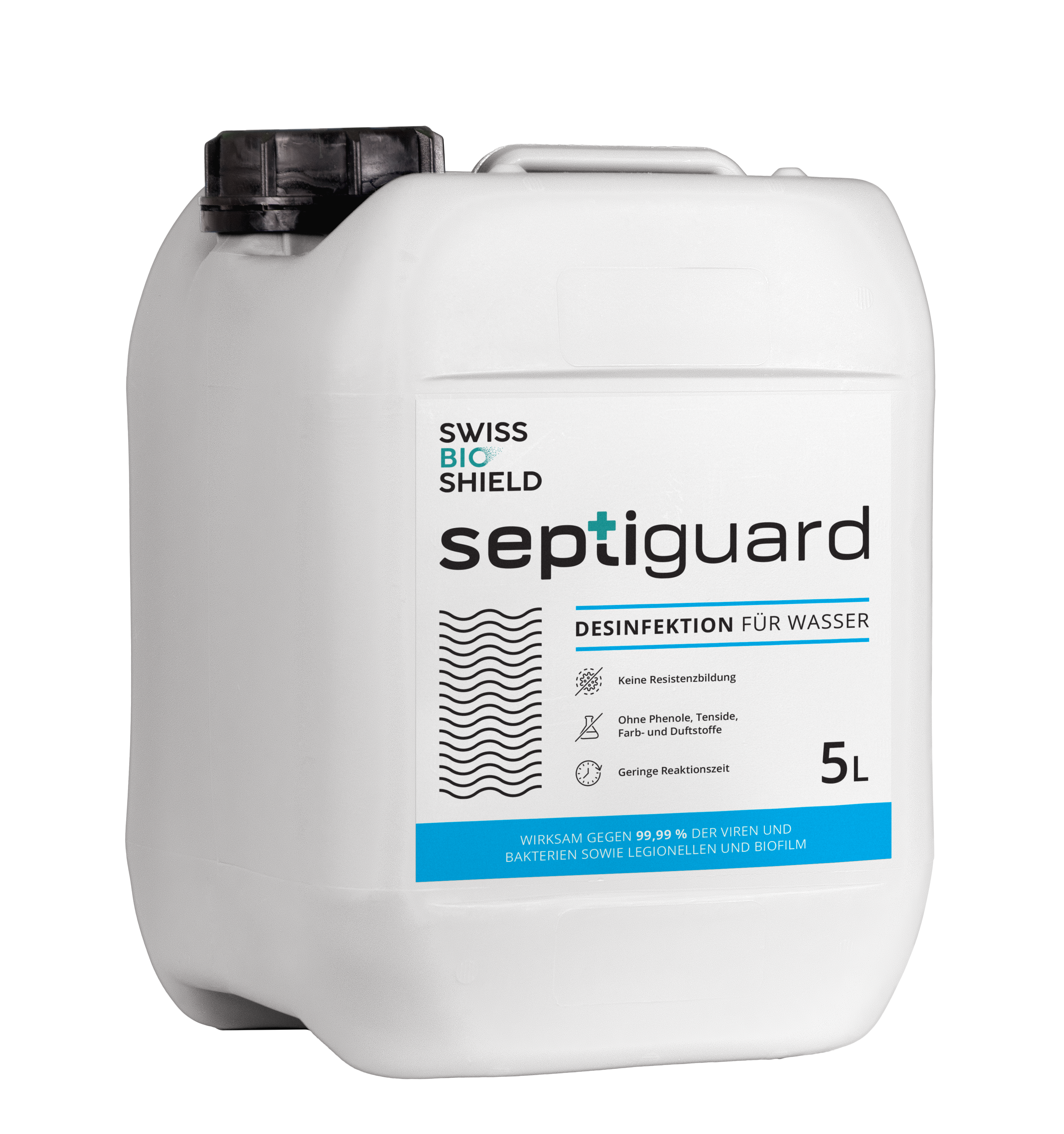 White container of septiguard disinfection for water with black cap on a white background