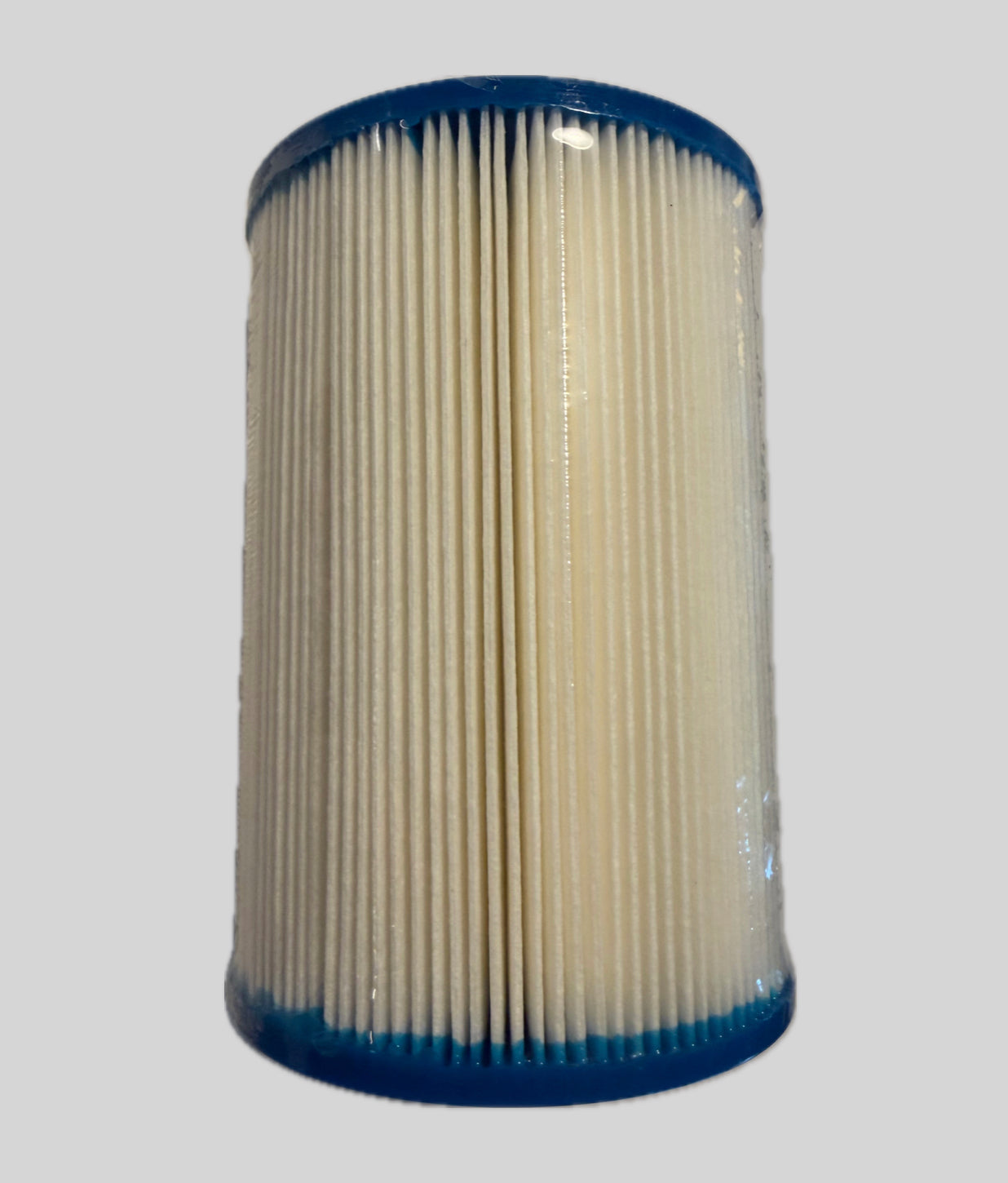 A pleated cylindrical replacement filter cartridge with off-white filter media and blue plastic end caps, shown against a solid gray background.